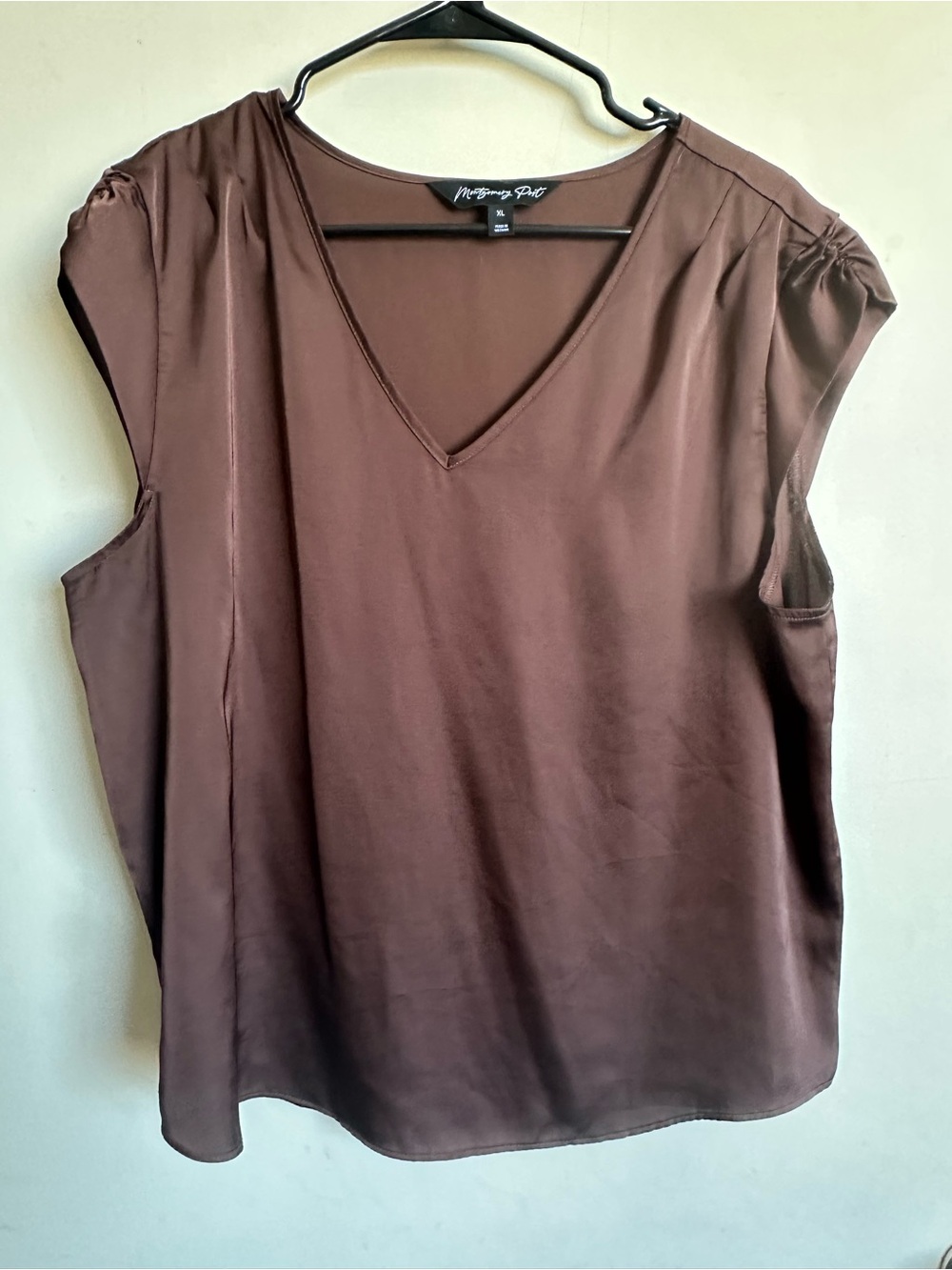 Montgomery Port Brown V-Neck Satin Blouse